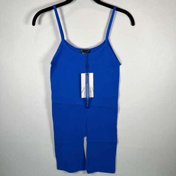 NWT ZARA‎ Ribbed Pull on Stretch Blue Romper Scoop Neck Sleeveless 1014/324 M-L - Picture 4 of 12